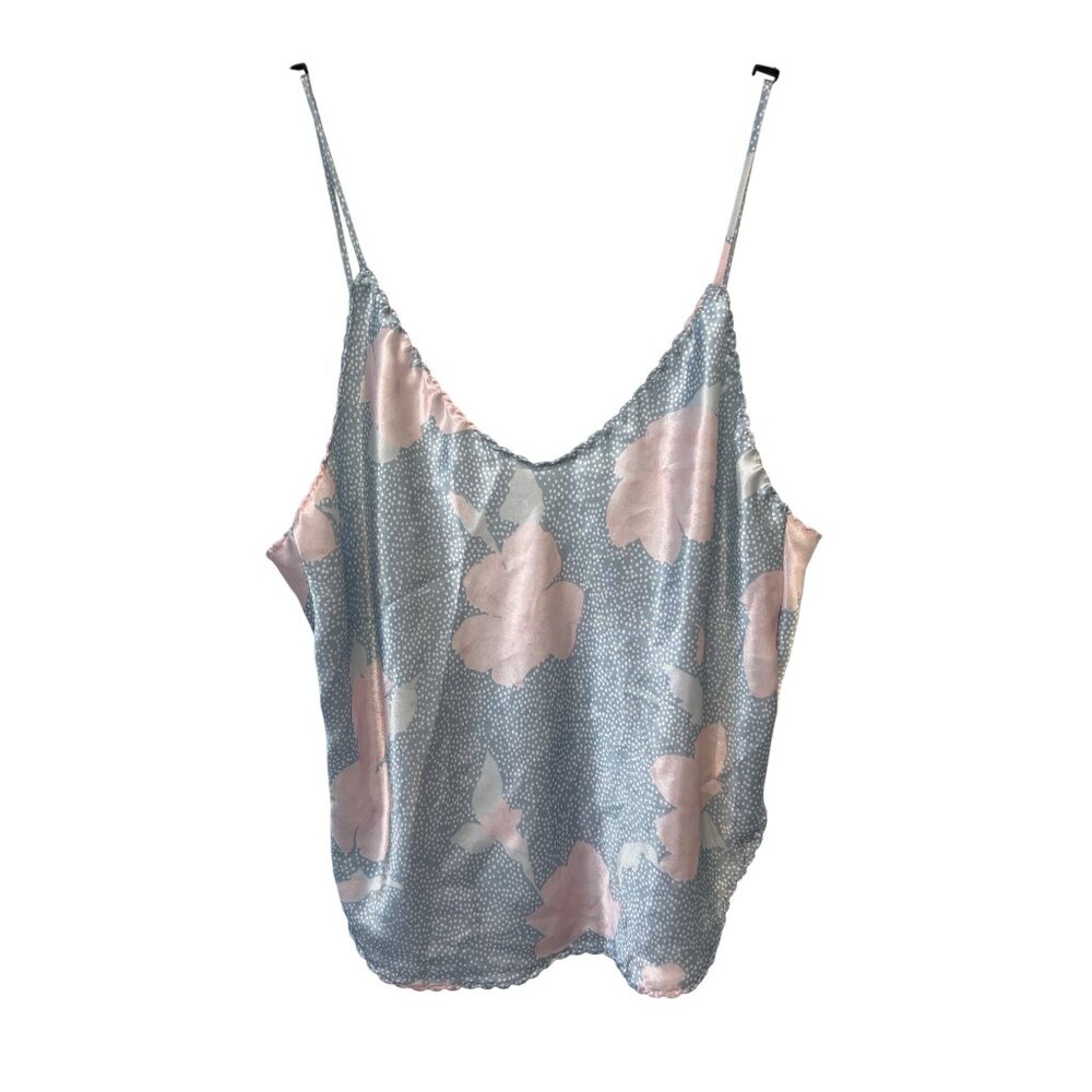 Vintage 80s Pollinaise Cami Size Medium Blue Pink Floral Light Satin Intimate